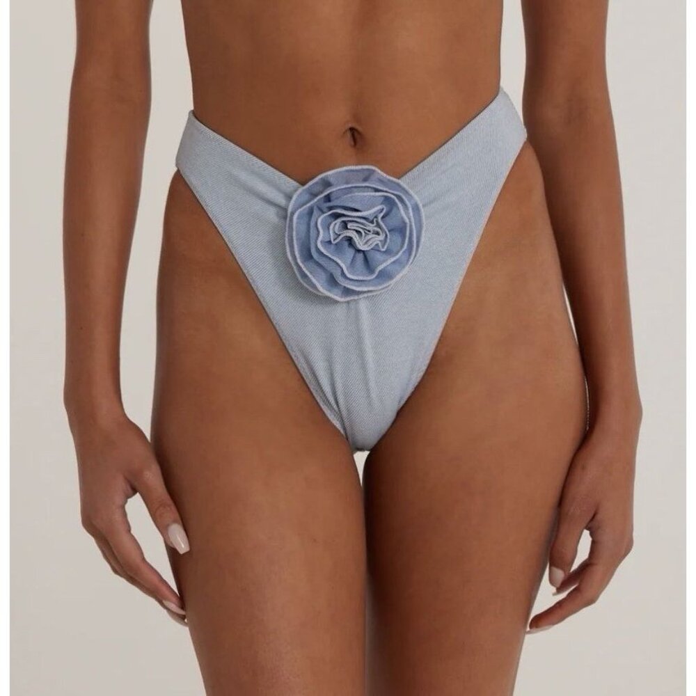 Light Blue Floral-Accent High-Cut Bikini Bottom
